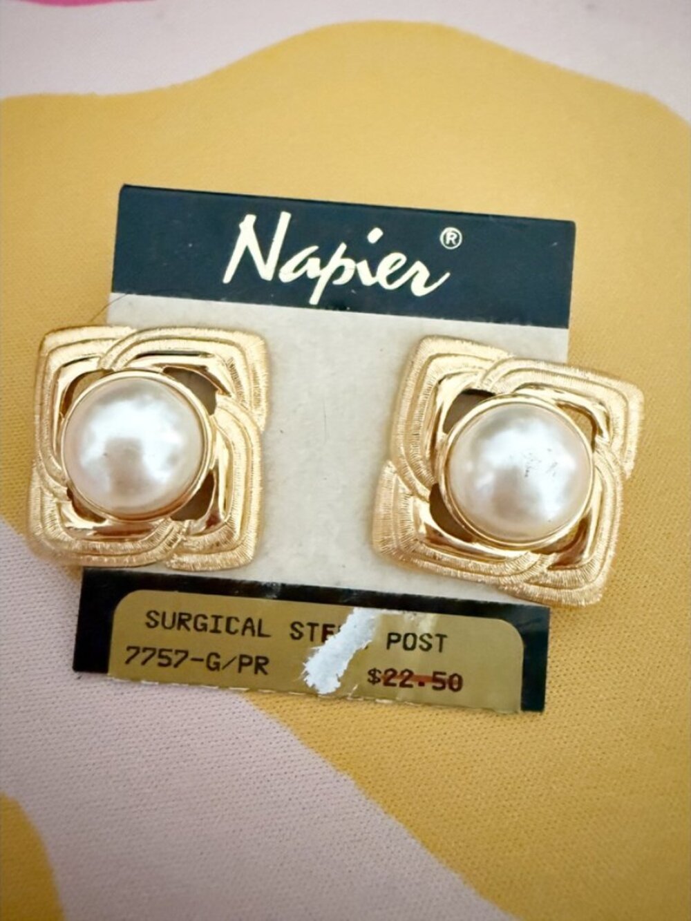 Vtg Napier Goldtone Square Border Faux Pearl Earrings Post NEW